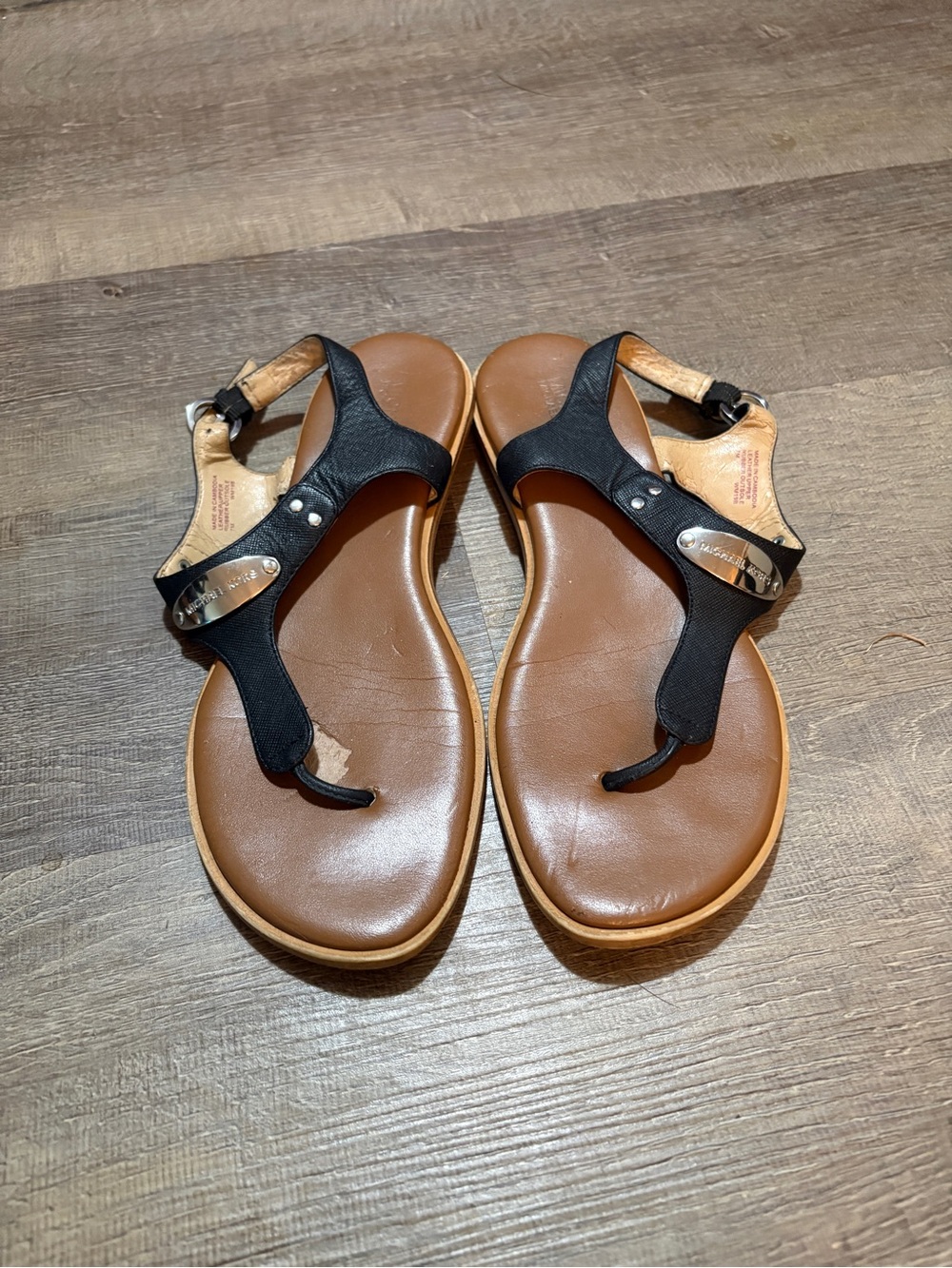 MICHAEL Michael Kors Black Leather T-Strap Sandals
